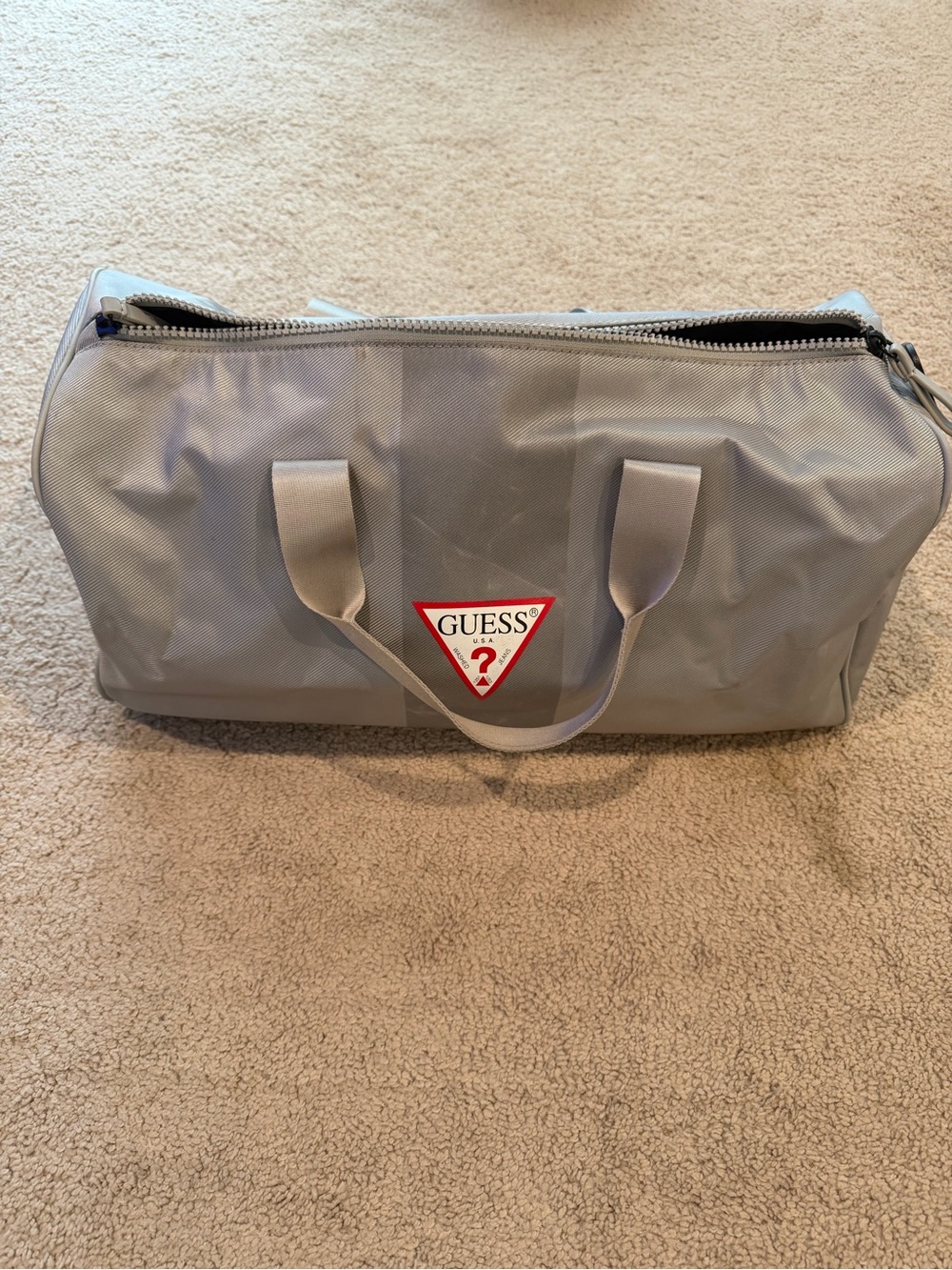 GUESS Light Gray Duffel Bag with Red Logo Accent